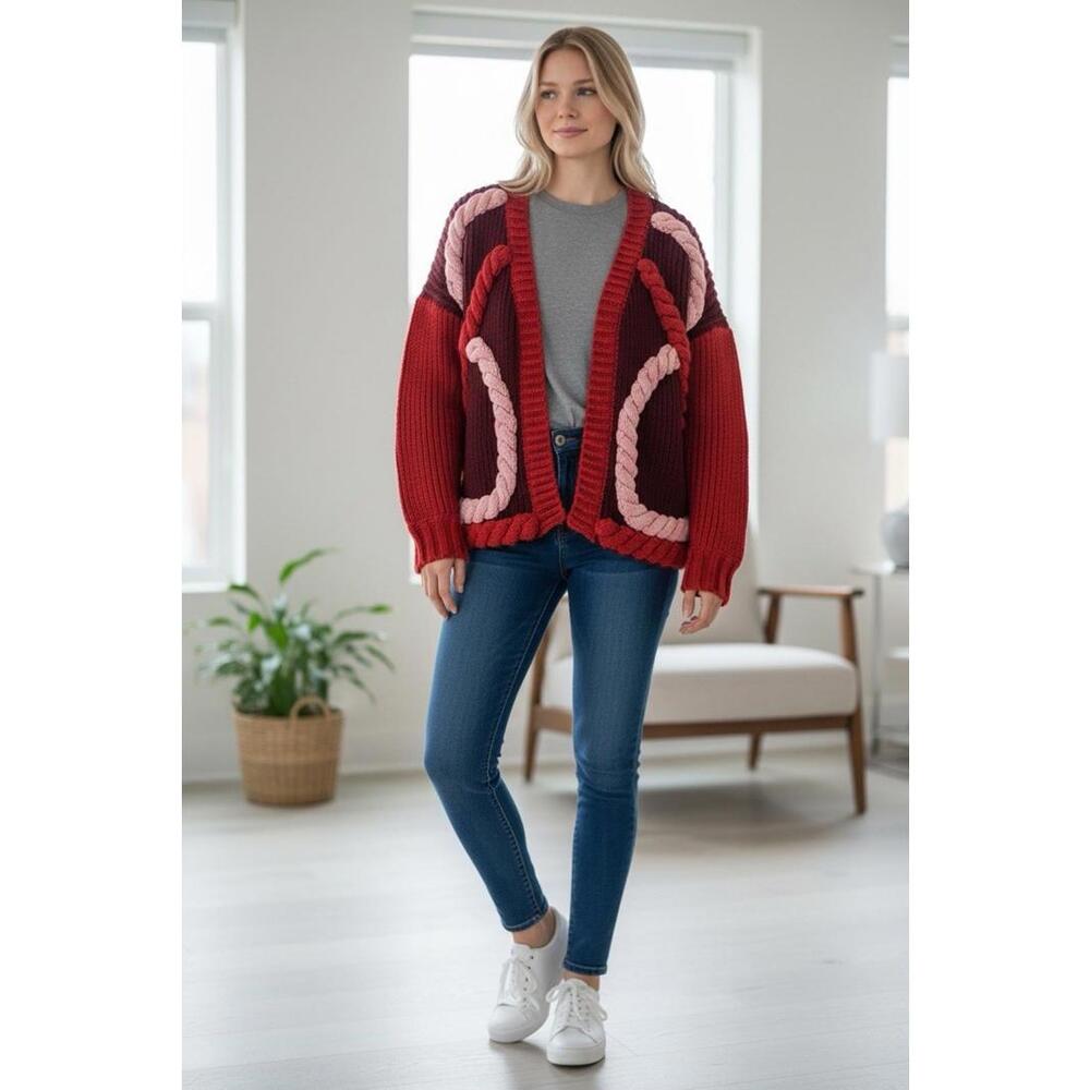 Maeve by‎ Anthropologie Red Pink Chunky-Knit Braided Cardigan One Size statement